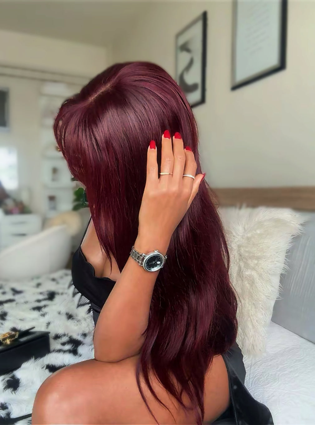 Cherry chocolate straight with bangs/ 100% human hair laced wig
