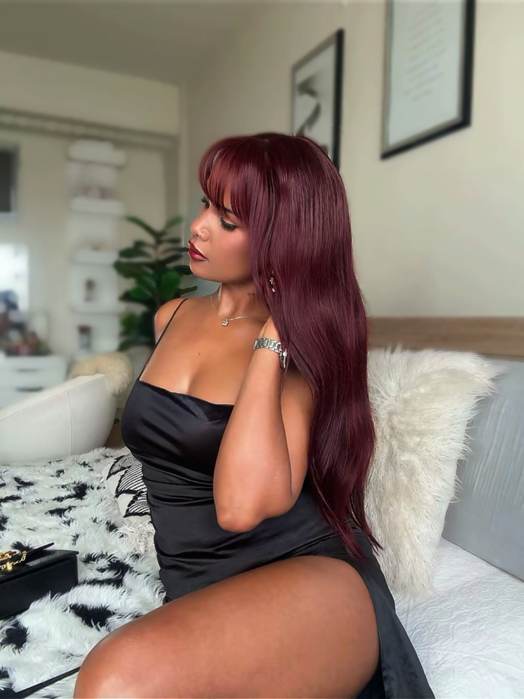 Cherry chocolate straight with bangs/ 100% human hair laced wig
