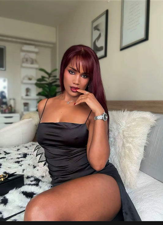 Cherry chocolate straight with bangs/ 100% human hair laced wig