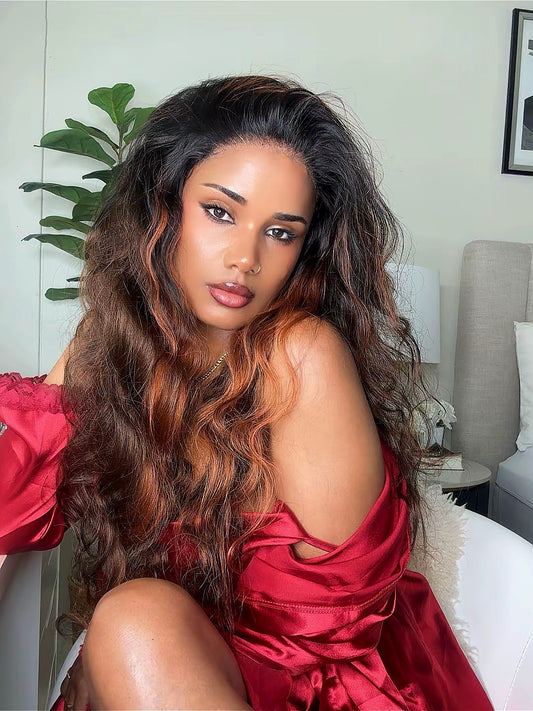 Brown red orange highlighted wig body wave 5x5 HD lace 100% human hair